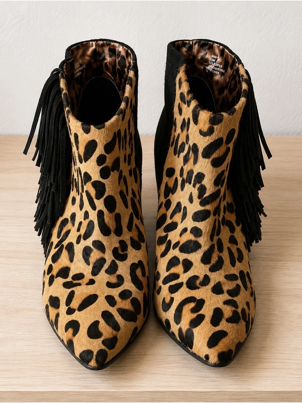 Betsey Johnson Leopard Haircalf  Fringe Wedge Ankle Boot - Black & Tan